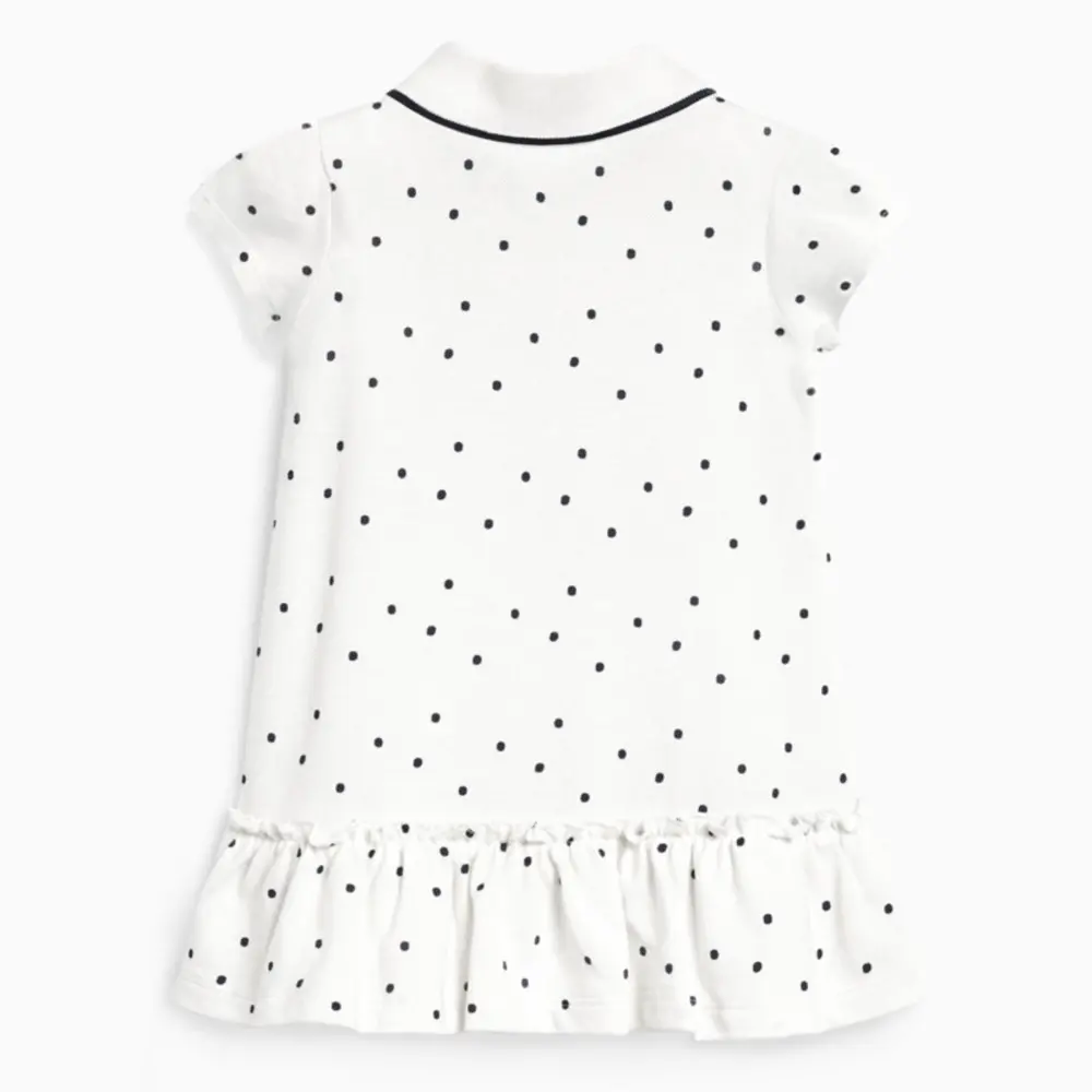 Girls' White Short - Sleeve Polo Dress - with Black Polka Dots and Unicorn Pocket Design - Suitable for Ages 2 - 7