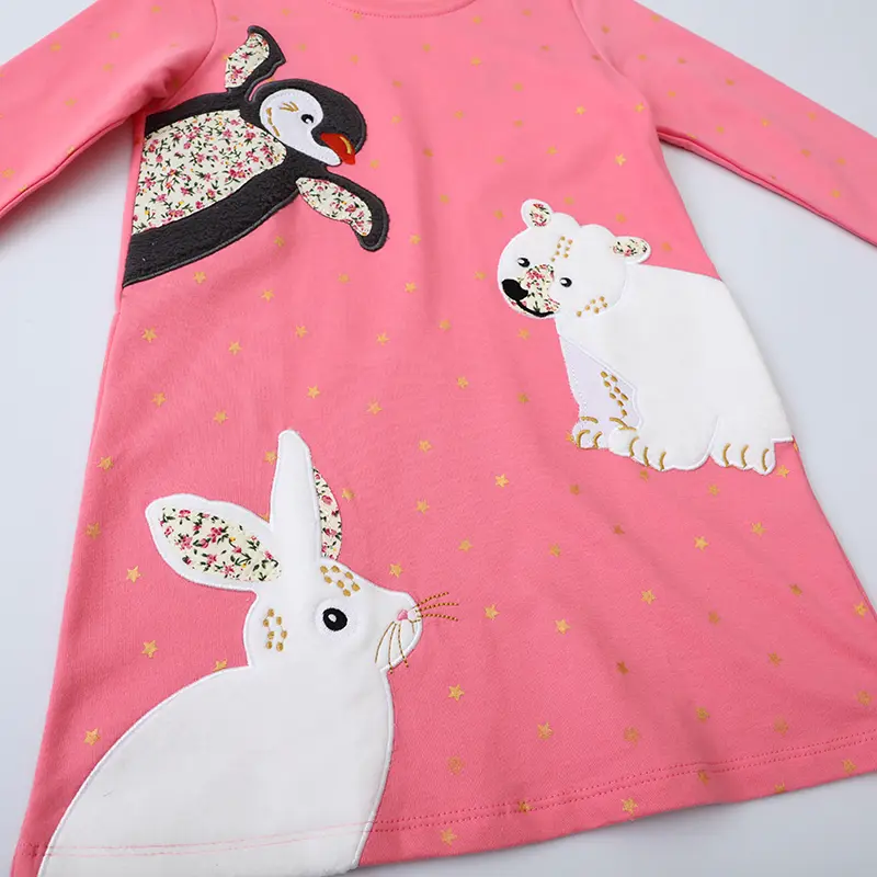 Cute Embroidery Animals Girls Dress Cotton Long Sleeves Children's Clothing Kids Clothes Casual Dresses