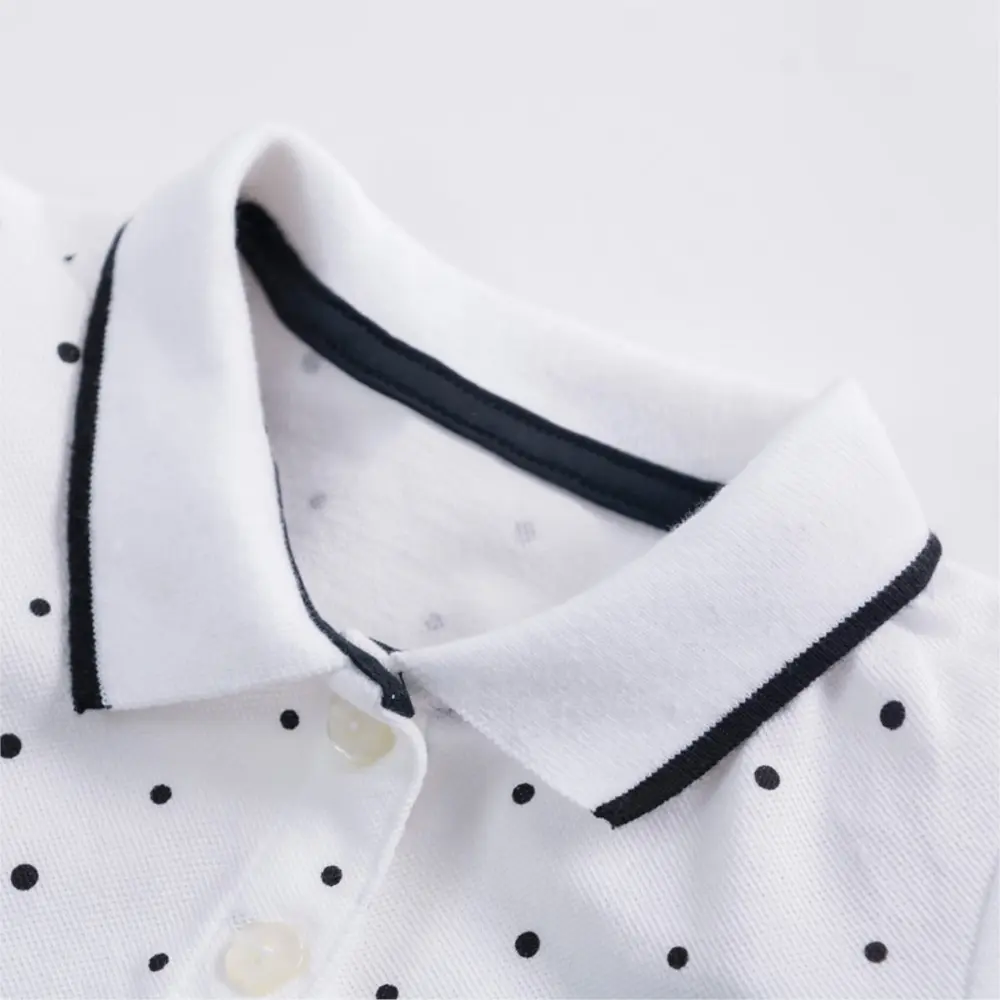 Girls' White Short - Sleeve Polo Dress - with Black Polka Dots and Unicorn Pocket Design - Suitable for Ages 2 - 7