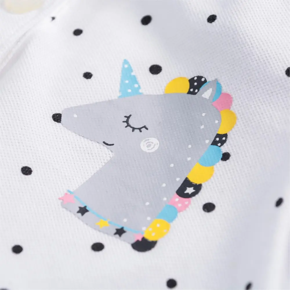 Girls' White Short - Sleeve Polo Dress - with Black Polka Dots and Unicorn Pocket Design - Suitable for Ages 2 - 7