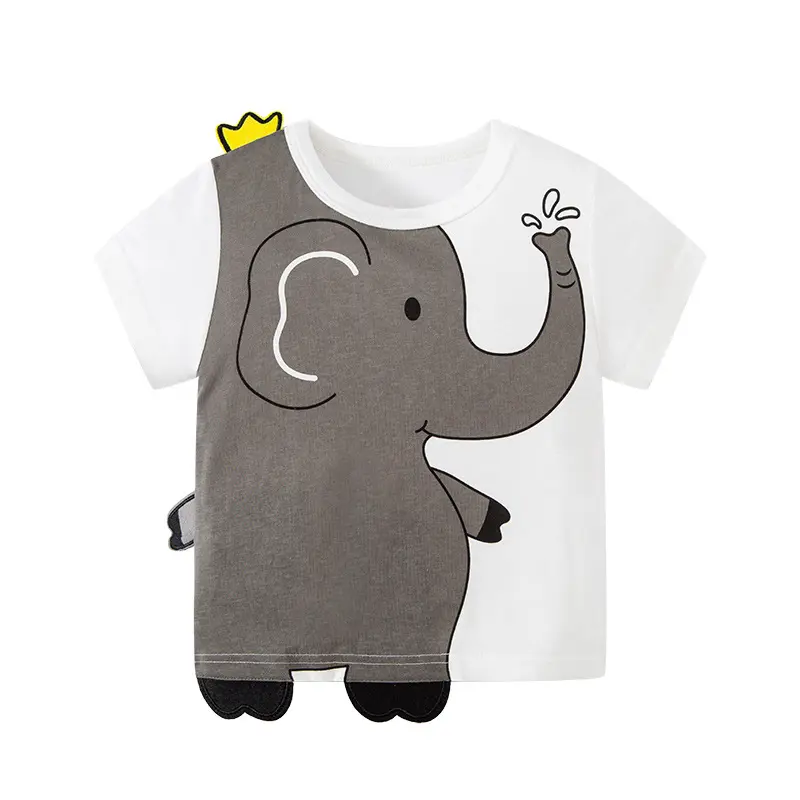 Boys' Short - Sleeve T - shirt - Gray and White with Cute Elephant Crocodile Print and Crown Detail - Suitable for Ages 2 - 7Y