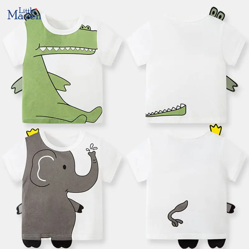Boys' Short - Sleeve T - shirt - Gray and White with Cute Elephant Crocodile Print and Crown Detail - Suitable for Ages 2 - 7Y