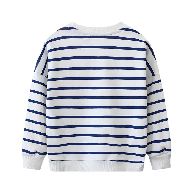 Girls' White and Navy Blue Striped Long Sleeve Sweatshirt Cute Rainbow and Clouds Embroidered Print Suitable for Ages 2-7y