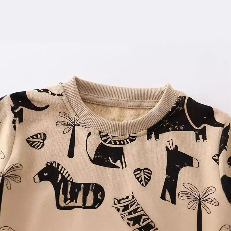 Kids' Long Sleeve Sweatshirt Beige with Black Animal Prints (Giraffe, Zebra, Elephant etc.) Suitable for Ages 2-7y