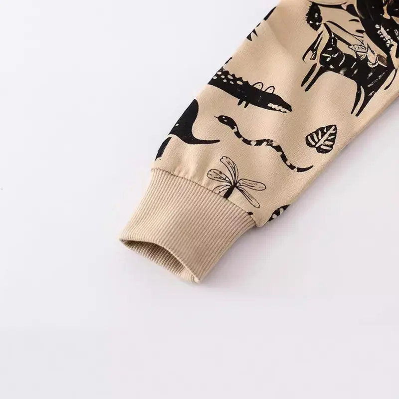 Kids' Long Sleeve Sweatshirt Beige with Black Animal Prints (Giraffe, Zebra, Elephant etc.) Suitable for Ages 2-7y