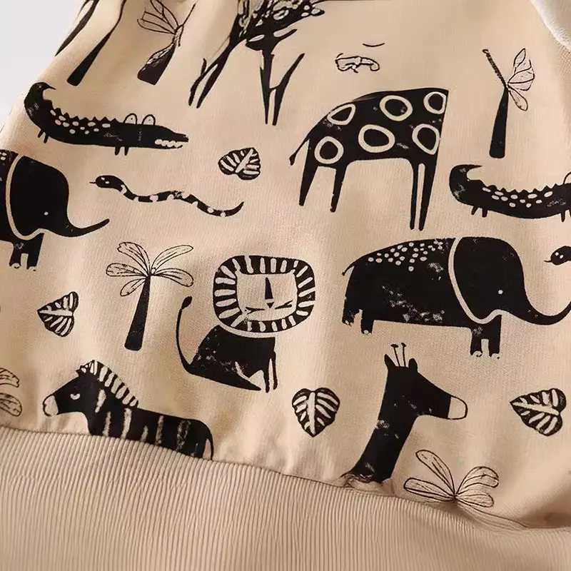 Kids' Long Sleeve Sweatshirt Beige with Black Animal Prints (Giraffe, Zebra, Elephant etc.) Suitable for Ages 2-7y