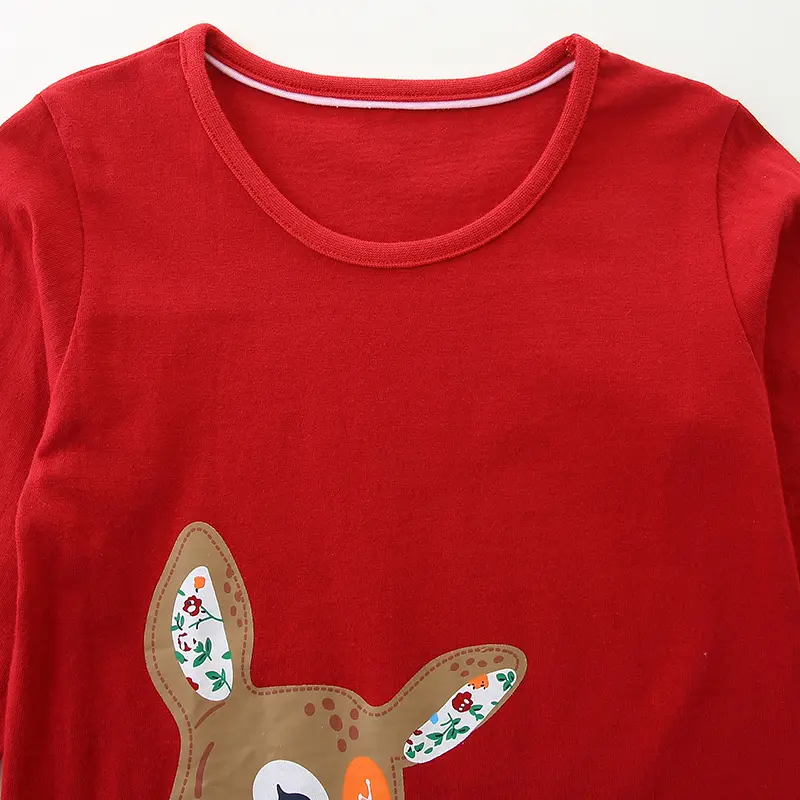 Girls' Red Long - Sleeve T - shirt - with Adorable Deer Print and Floral Details - Suitable for Ages 2 - 7Y