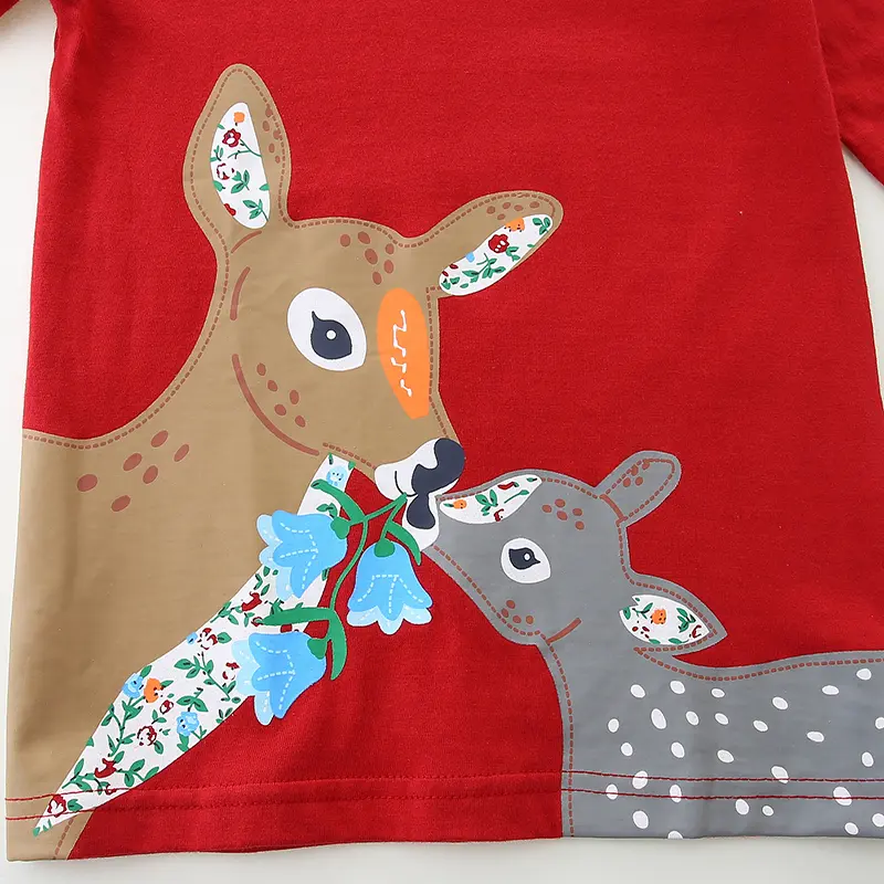 Girls' Red Long - Sleeve T - shirt - with Adorable Deer Print and Floral Details - Suitable for Ages 2 - 7Y