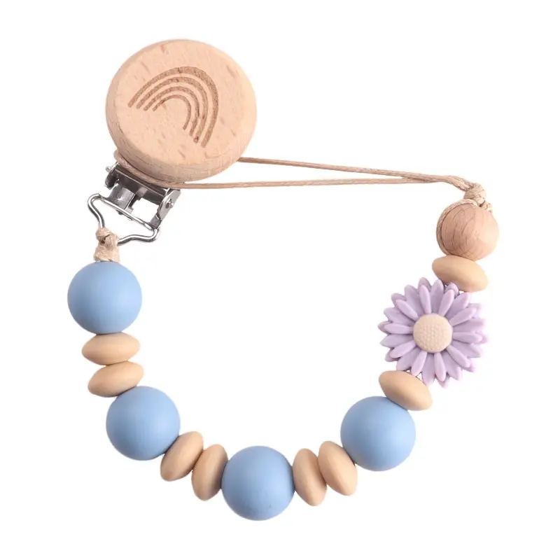 Wooden Baby Pacifier Chain Silicone Sunflower Bead Dummy Nipple Holder Teether Pendant Newborn Gift