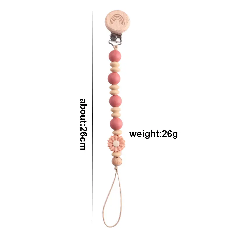 Wooden Baby Pacifier Chain Silicone Sunflower Bead Dummy Nipple Holder Teether Pendant Newborn Gift