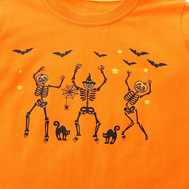 Ornage Children's T-shirt Cotton Long Sleeve Halloween Pumpkin Skeleton Base Coat Leisure Wear Boys Girls Tops Kids Clothes