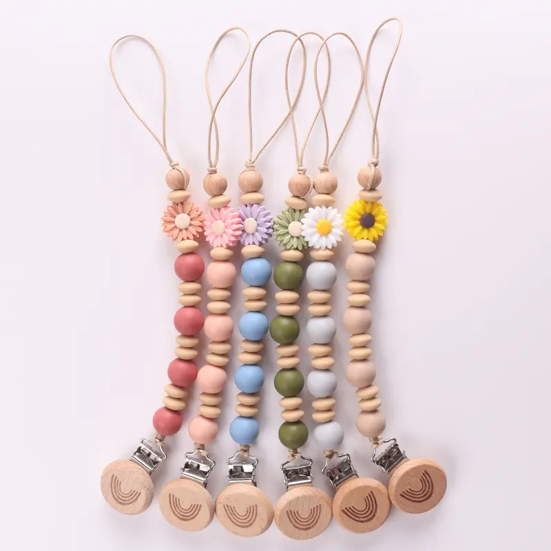 Wooden Baby Pacifier Chain Silicone Sunflower Bead Dummy Nipple Holder Teether Pendant Newborn Gift