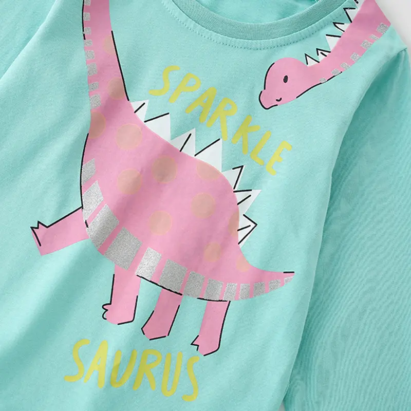 2Pcs Girls' Dinosaur Themed Pajama Set Light Blue Top and Star Patterned Pink Pants Adorable Toddler Girl Sleepwear