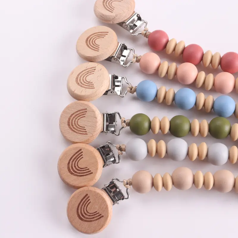 Wooden Baby Pacifier Chain Silicone Sunflower Bead Dummy Nipple Holder Teether Pendant Newborn Gift