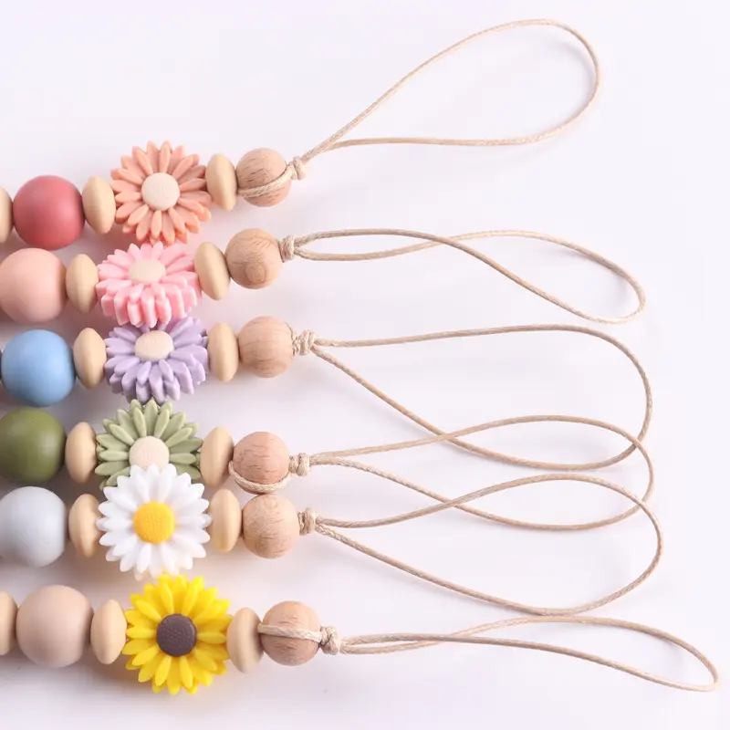 Wooden Baby Pacifier Chain Silicone Sunflower Bead Dummy Nipple Holder Teether Pendant Newborn Gift