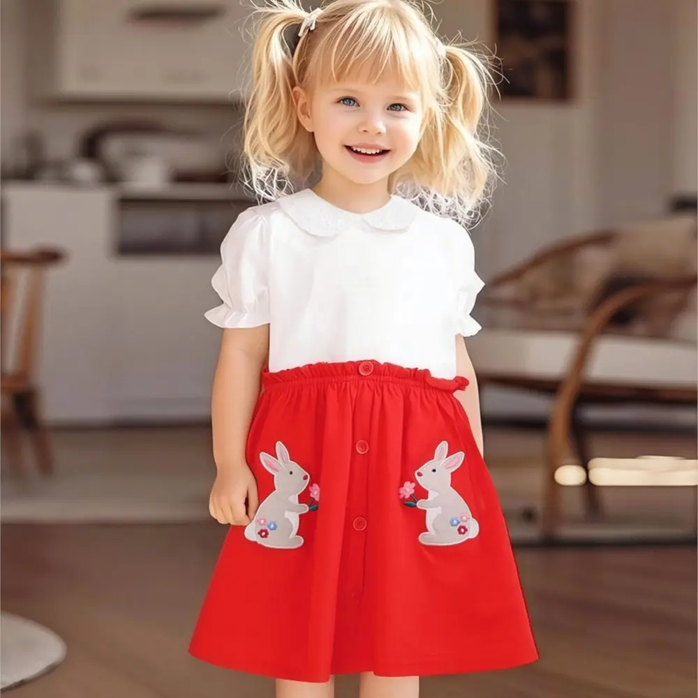 Girls' Short Sleeve Dress White Broderie Anglaise Collar and Puffed Sleeves, Red Skirt Bunny Applique Button down Design 2-7y