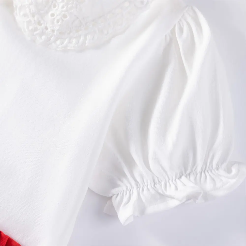 Girls' Short Sleeve Dress White Broderie Anglaise Collar and Puffed Sleeves, Red Skirt Bunny Applique Button down Design 2-7y