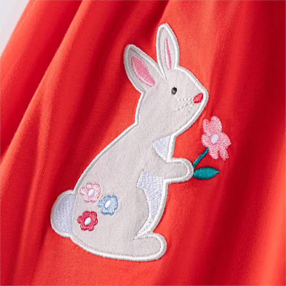 Girls' Short Sleeve Dress White Broderie Anglaise Collar and Puffed Sleeves, Red Skirt Bunny Applique Button down Design 2-7y