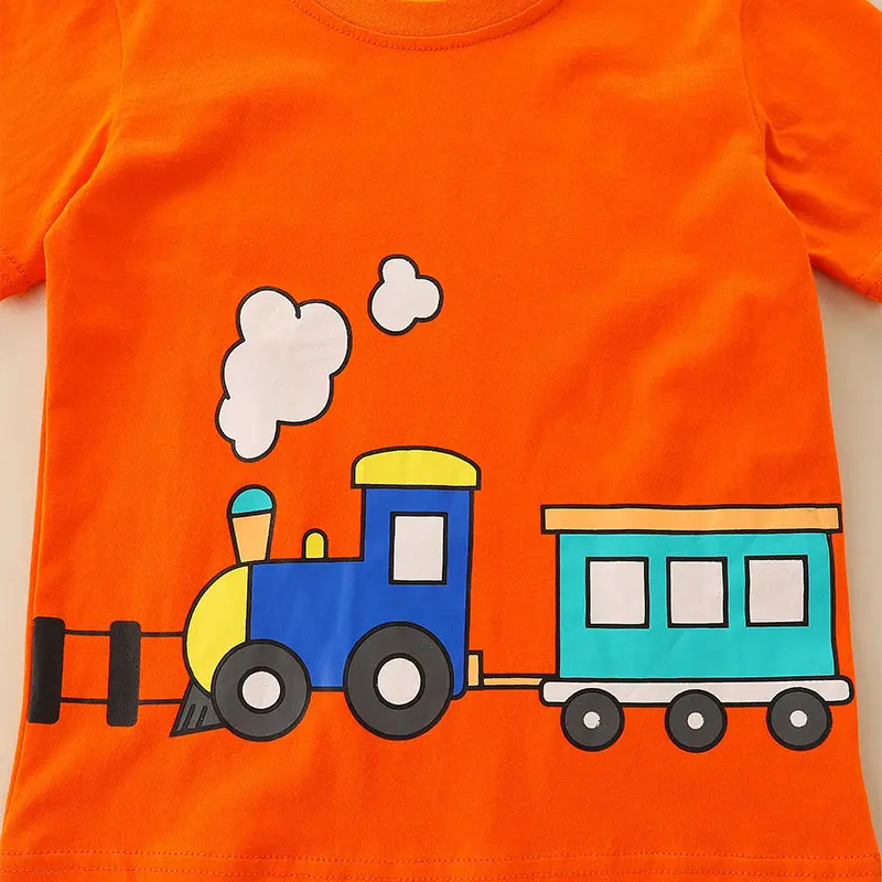Boys' Orange Short - Sleeve T - shirt - with Cartoon Train Print - Suitable for Ages 2-7 Years