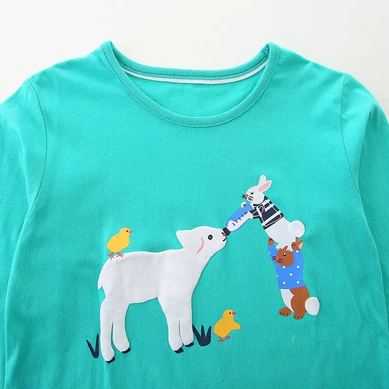 Boys' Turquoise Long - Sleeve T - shirt - with Adorable Farm Animal Print (Sheep, Rabbit, Birds) - Suitable for Ages 2-7y