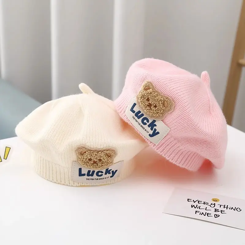 Children's Solid Color Knitted Hat Autumn and Winter Cartoon Yarn Beret Cute and Stylish Girl Cartoon Artist Treasure Hat