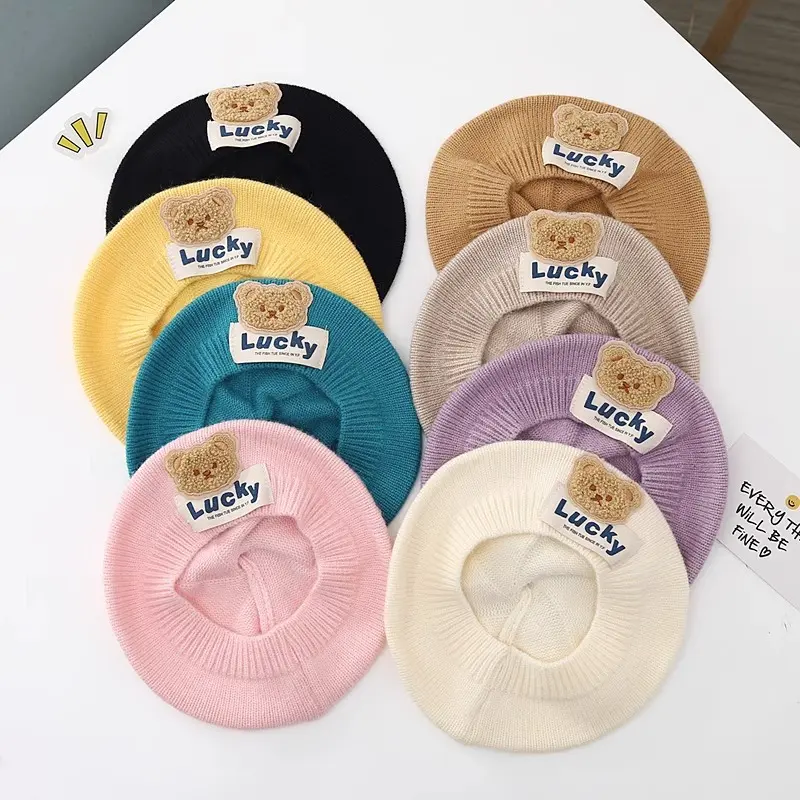 Children's Solid Color Knitted Hat Autumn and Winter Cartoon Yarn Beret Cute and Stylish Girl Cartoon Artist Treasure Hat