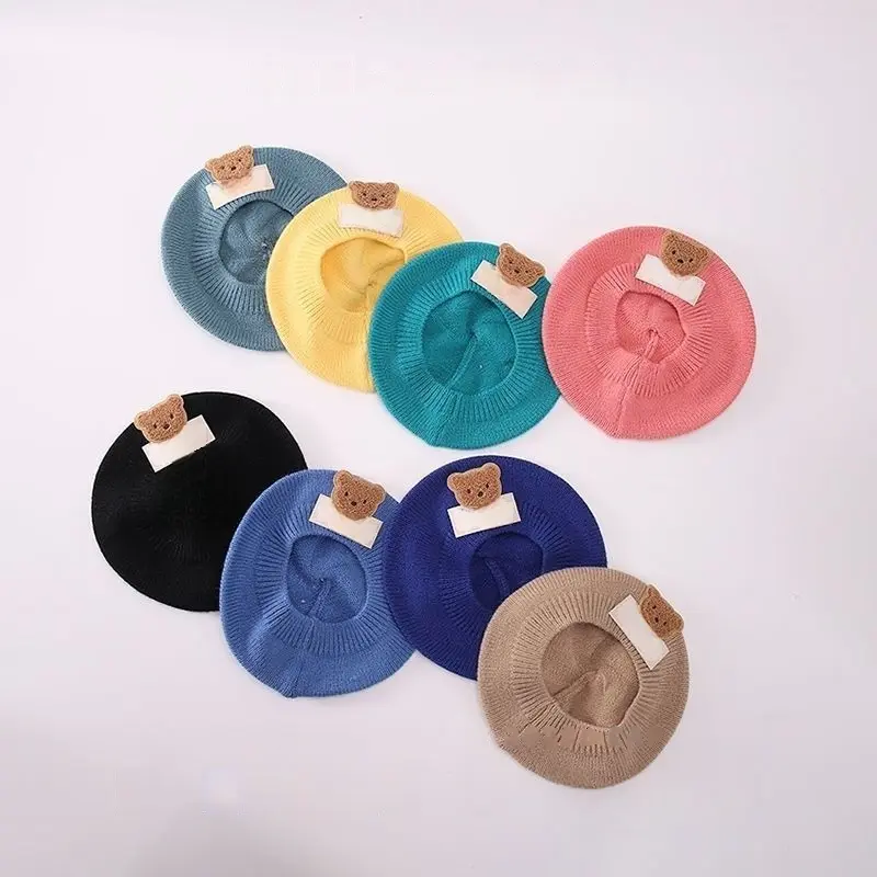 Children's Solid Color Knitted Hat Autumn and Winter Cartoon Yarn Beret Cute and Stylish Girl Cartoon Artist Treasure Hat
