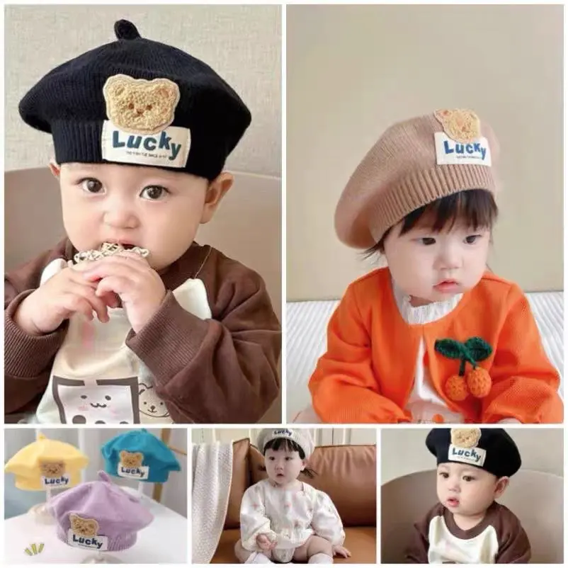 Children's Solid Color Knitted Hat Autumn and Winter Cartoon Yarn Beret Cute and Stylish Girl Cartoon Artist Treasure Hat