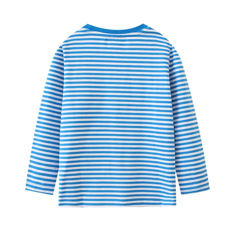 Boys' Blue and White Striped Long - Sleeve T - shirt - with Digger and Crocodile Print and Blue Pocket - Suitable for Ages 2 - 7