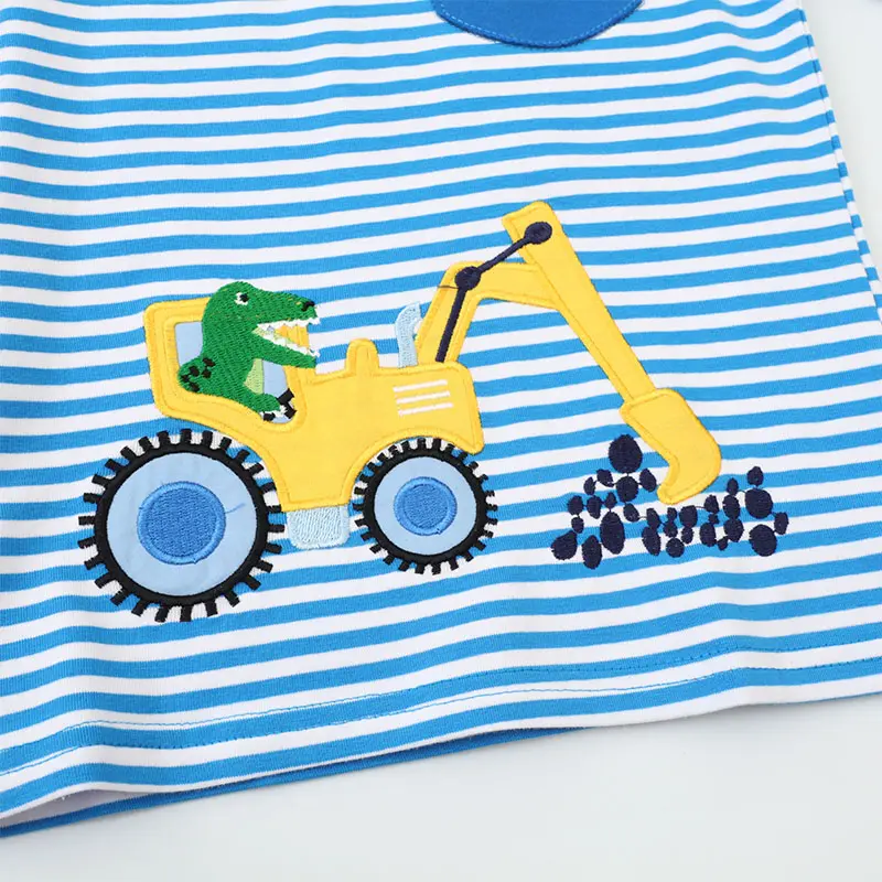 Boys' Blue and White Striped Long - Sleeve T - shirt - with Digger and Crocodile Print and Blue Pocket - Suitable for Ages 2 - 7