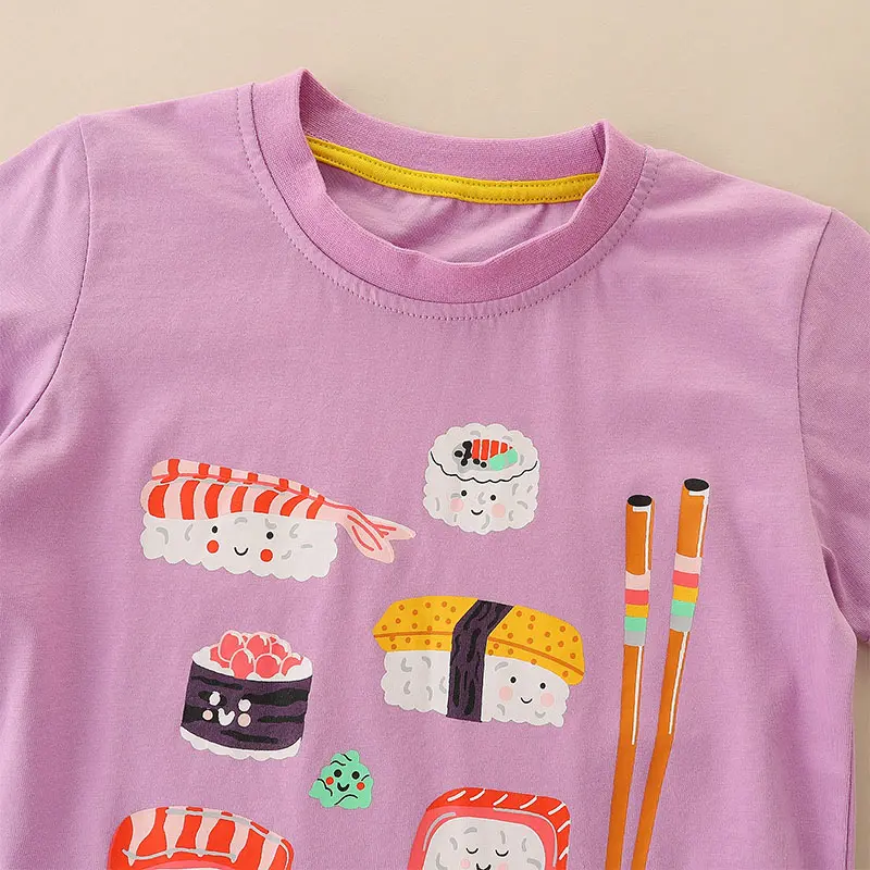 Girls' Purple Short - Sleeve T - shirt - with Adorable Sushi and Chopsticks Print - Suitable for Ages 2-7y
