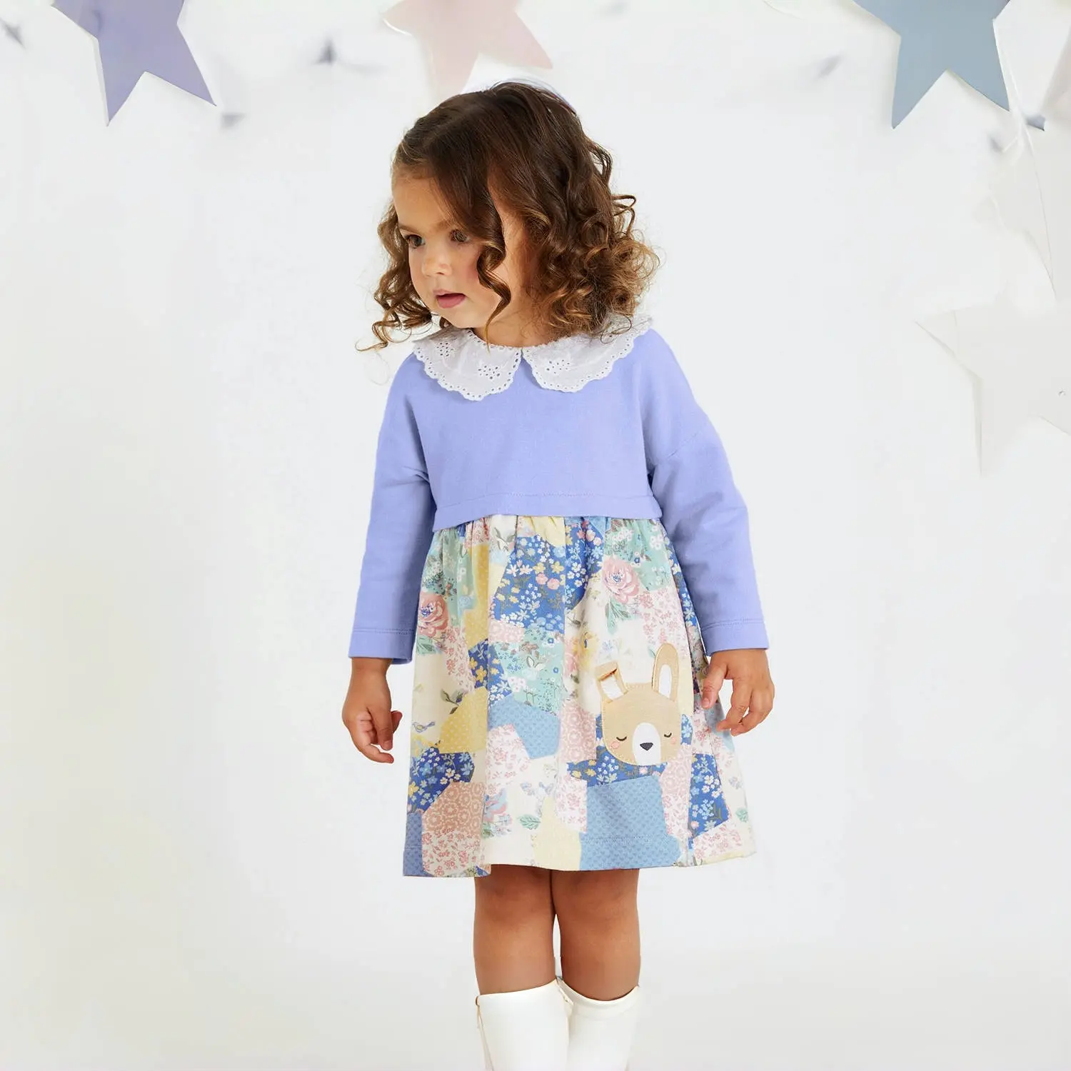Adorable Toddler Girls' Dress Lace Collar, Light Purple & Colorful Patchwork Design