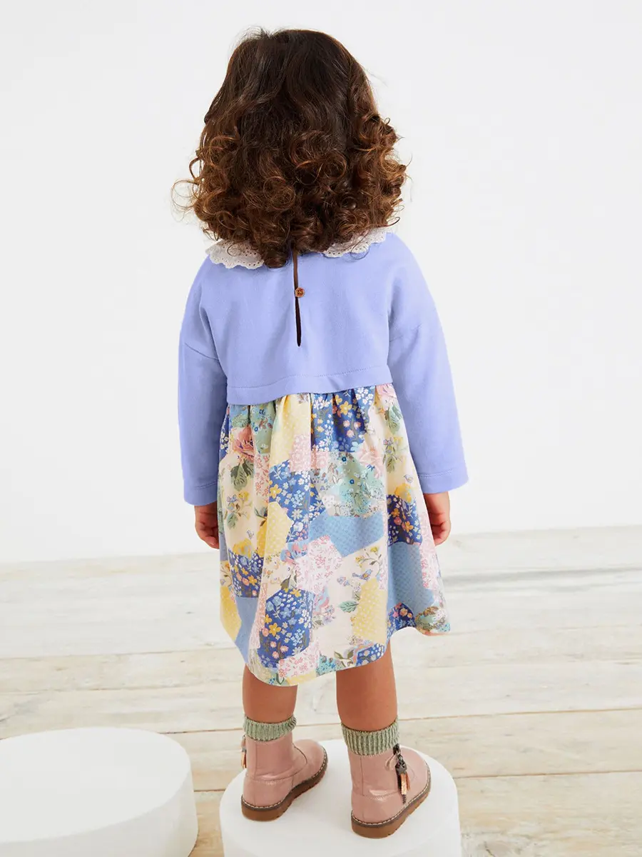 Adorable Toddler Girls' Dress Lace Collar, Light Purple & Colorful Patchwork Design