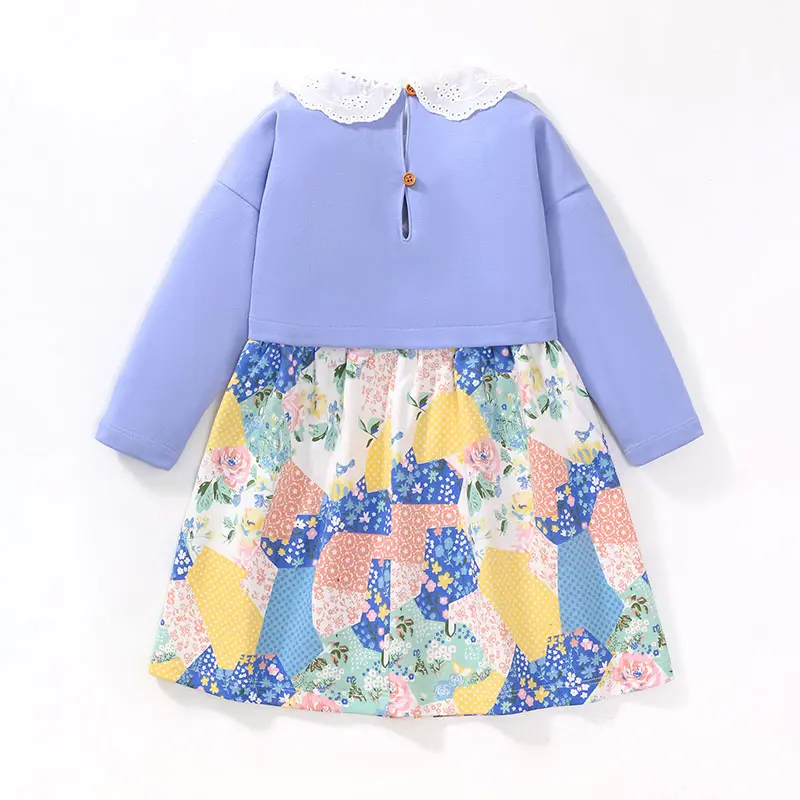 Adorable Toddler Girls' Dress Lace Collar, Light Purple & Colorful Patchwork Design