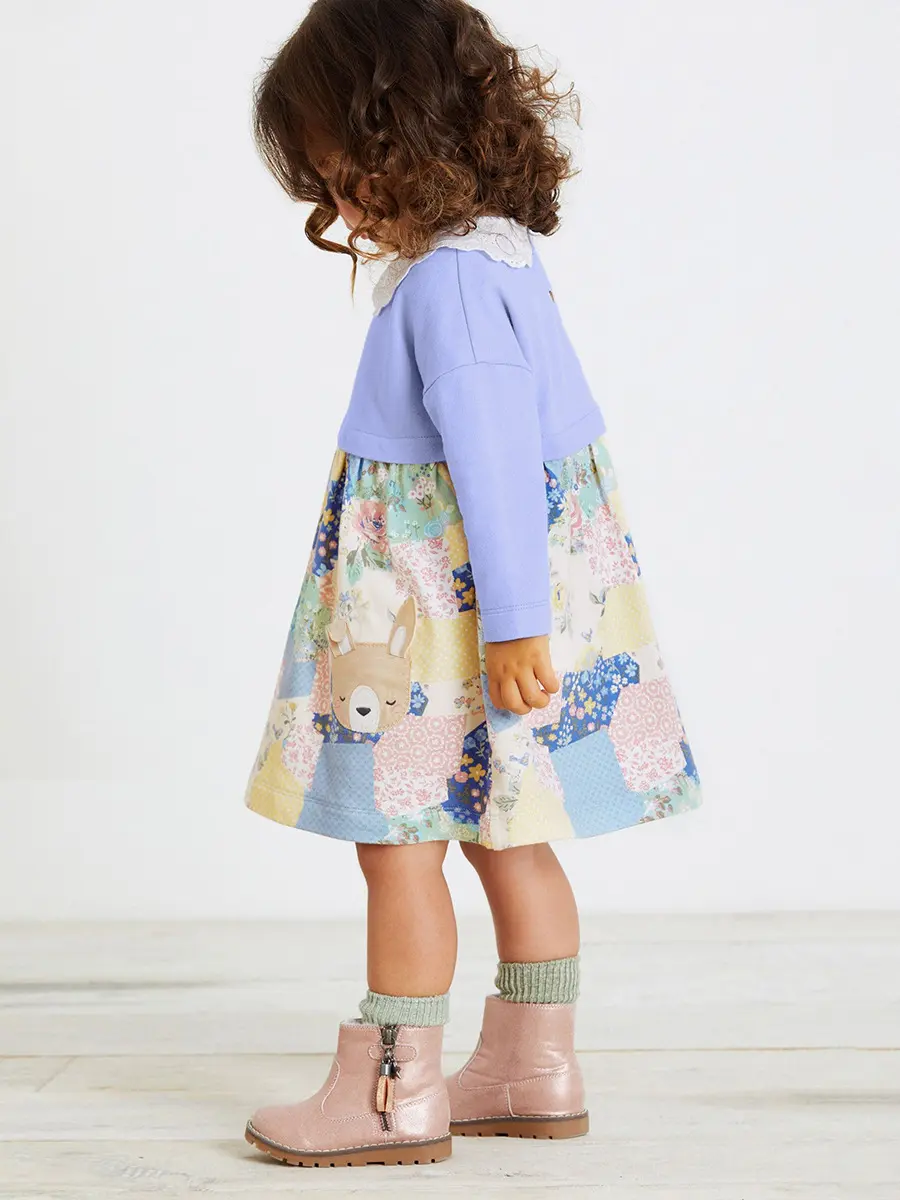 Adorable Toddler Girls' Dress Lace Collar, Light Purple & Colorful Patchwork Design