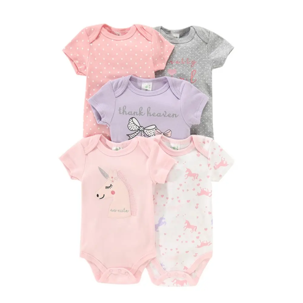 5Pcs/set Baby Girls Boy Rompers Cute Cartoon Print Bodysuit Summer Short Sleeve Jumpsuit 100% Cotton Soft Baby Clothes For 0-12M