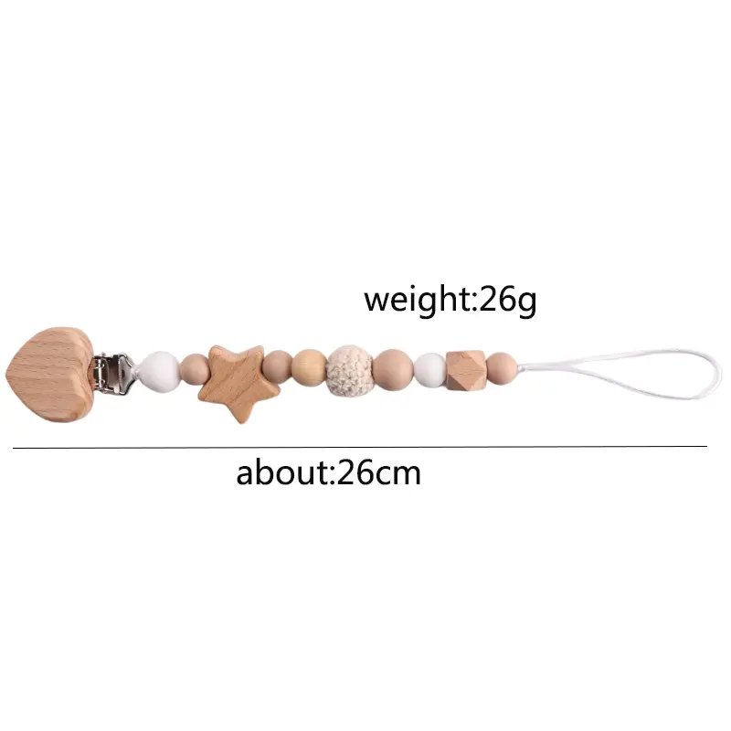 Baby Wood Crochet Round Bead Pacifier Chain Wooden Heart Dummy Holder Clip For Baby Teether Teething Chain Nursing Chew Toy Gift