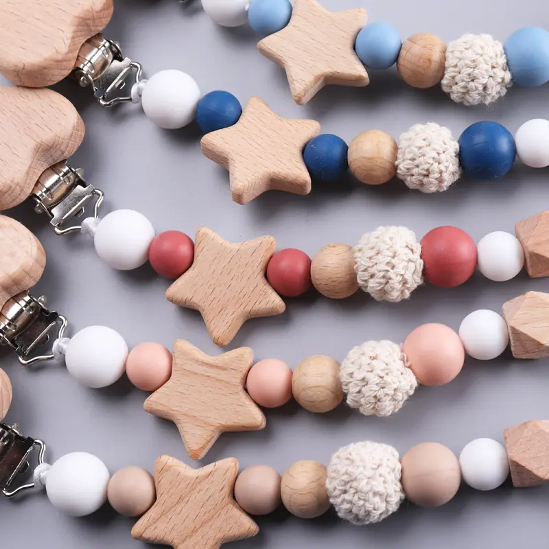 Baby Wood Crochet Round Bead Pacifier Chain Wooden Heart Dummy Holder Clip For Baby Teether Teething Chain Nursing Chew Toy Gift
