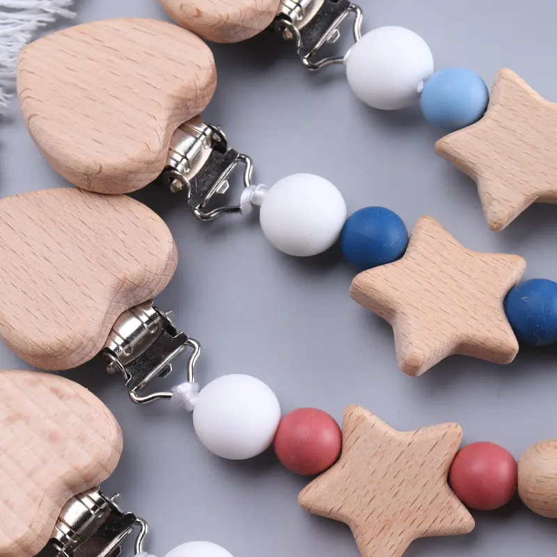 Baby Wood Crochet Round Bead Pacifier Chain Wooden Heart Dummy Holder Clip For Baby Teether Teething Chain Nursing Chew Toy Gift