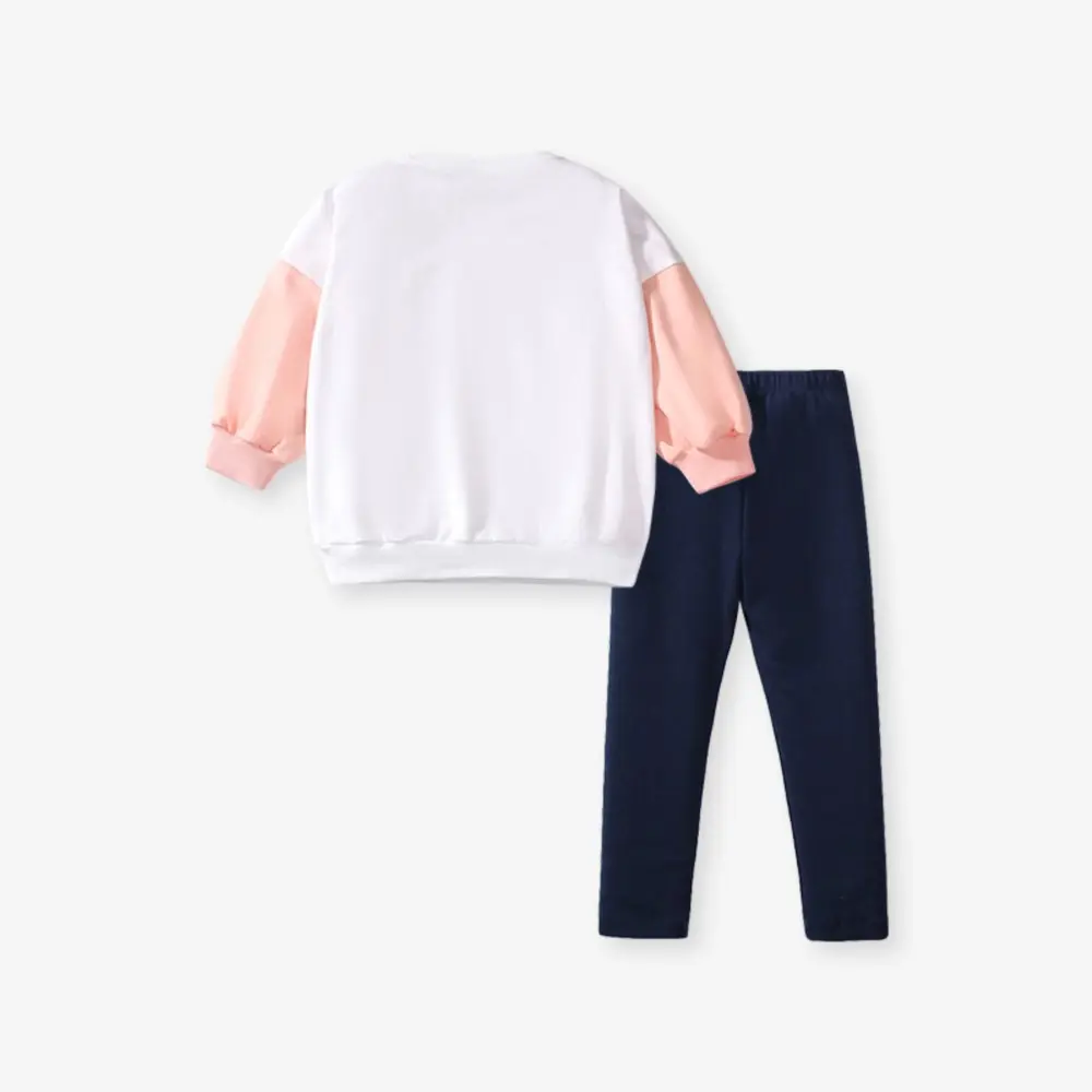 2Pcs Girls' Unicorn Print Clothing Set White Top with Pink Sleeves & Dark Blue Pants, Adorable and Cozy Outfit