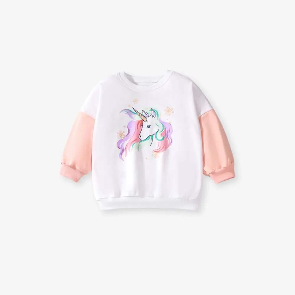 2Pcs Girls' Unicorn Print Clothing Set White Top with Pink Sleeves & Dark Blue Pants, Adorable and Cozy Outfit