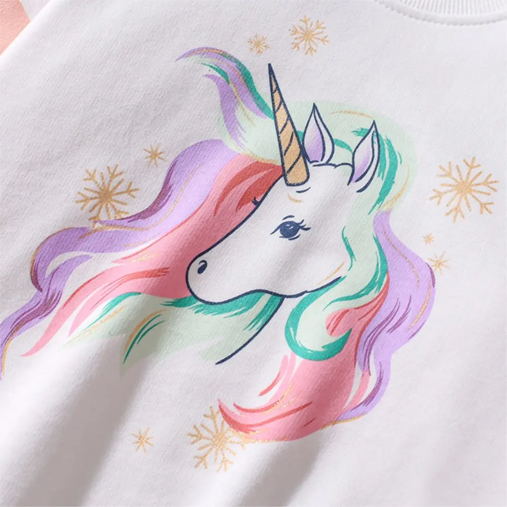 2Pcs Girls' Unicorn Print Clothing Set White Top with Pink Sleeves & Dark Blue Pants, Adorable and Cozy Outfit