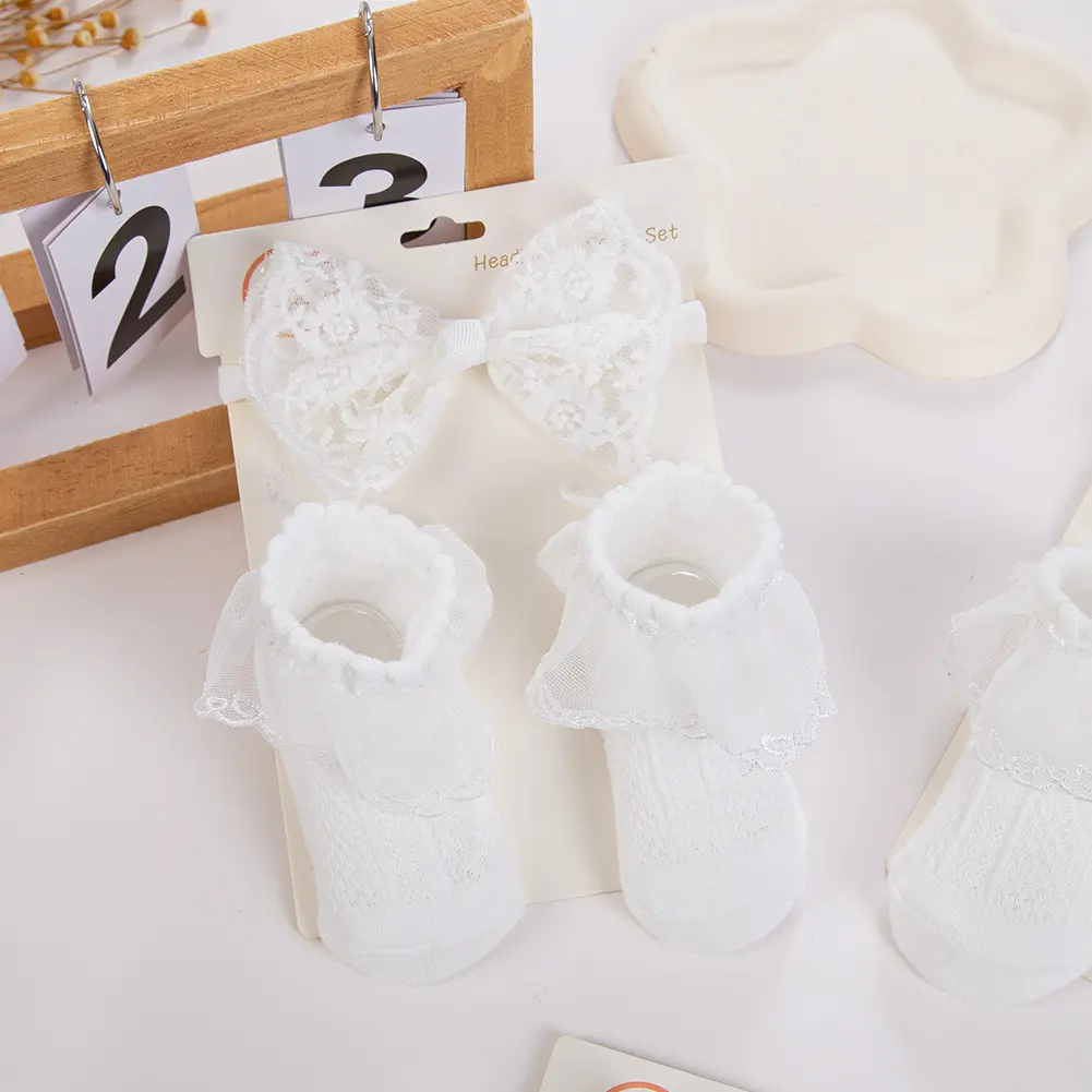 Ins White Chiffon Flower Headbands with Cotton Socks for Baby Girls Boutique Flower Anti-Slip Short Cotton 0-12M Sock