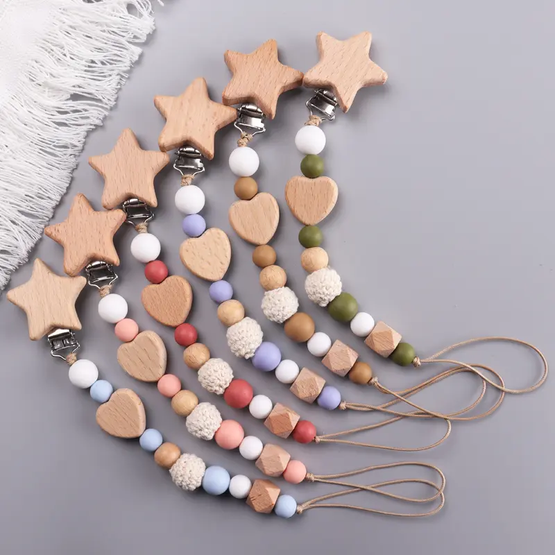 Baby Pacifier Chain Wood Star Clips Pentagram Teether Silicone Crochet Round Beads Teething Chain For Care Soother Chew Toys
