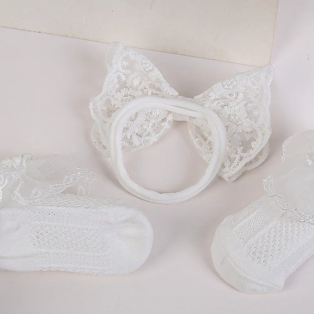 Ins White Chiffon Flower Headbands with Cotton Socks for Baby Girls Boutique Flower Anti-Slip Short Cotton 0-12M Sock