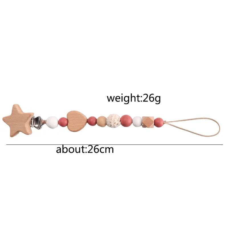 Baby Pacifier Chain Wood Star Clips Pentagram Teether Silicone Crochet Round Beads Teething Chain For Care Soother Chew Toys
