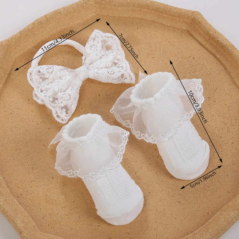 Ins White Chiffon Flower Headbands with Cotton Socks for Baby Girls Boutique Flower Anti-Slip Short Cotton 0-12M Sock