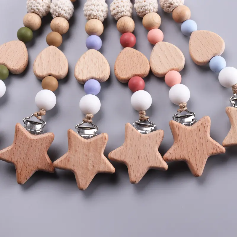 Baby Pacifier Chain Wood Star Clips Pentagram Teether Silicone Crochet Round Beads Teething Chain For Care Soother Chew Toys