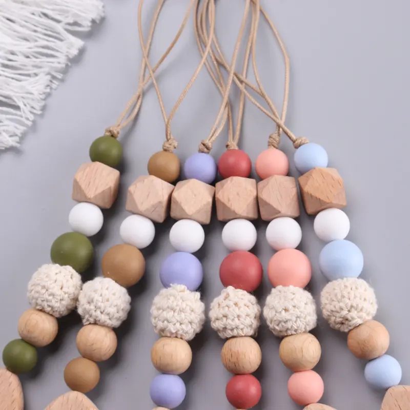 Baby Pacifier Chain Wood Star Clips Pentagram Teether Silicone Crochet Round Beads Teething Chain For Care Soother Chew Toys