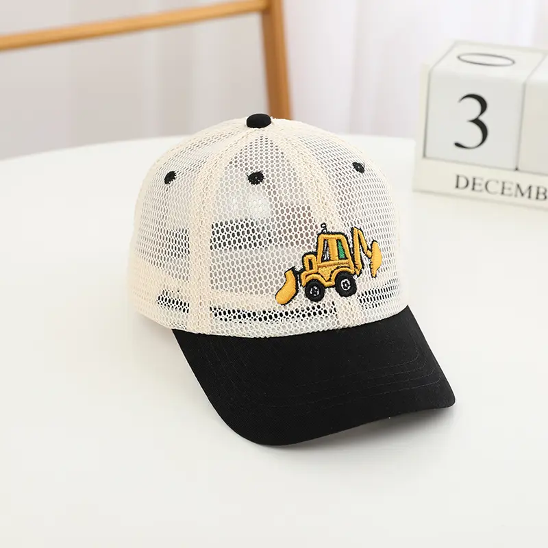 Kids' Mesh Baseball Caps with Colorful Brims & Adorable Excavator Embroidery - Trendy and Versatile